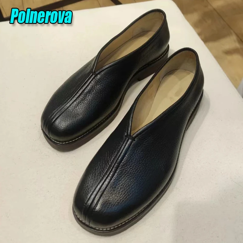 

Retro Soft Leather Couple Casual Shoes Summer Shallow Chunky Low Heel Pumps for Women Round Toe Slip-On Loafers Big Size 44