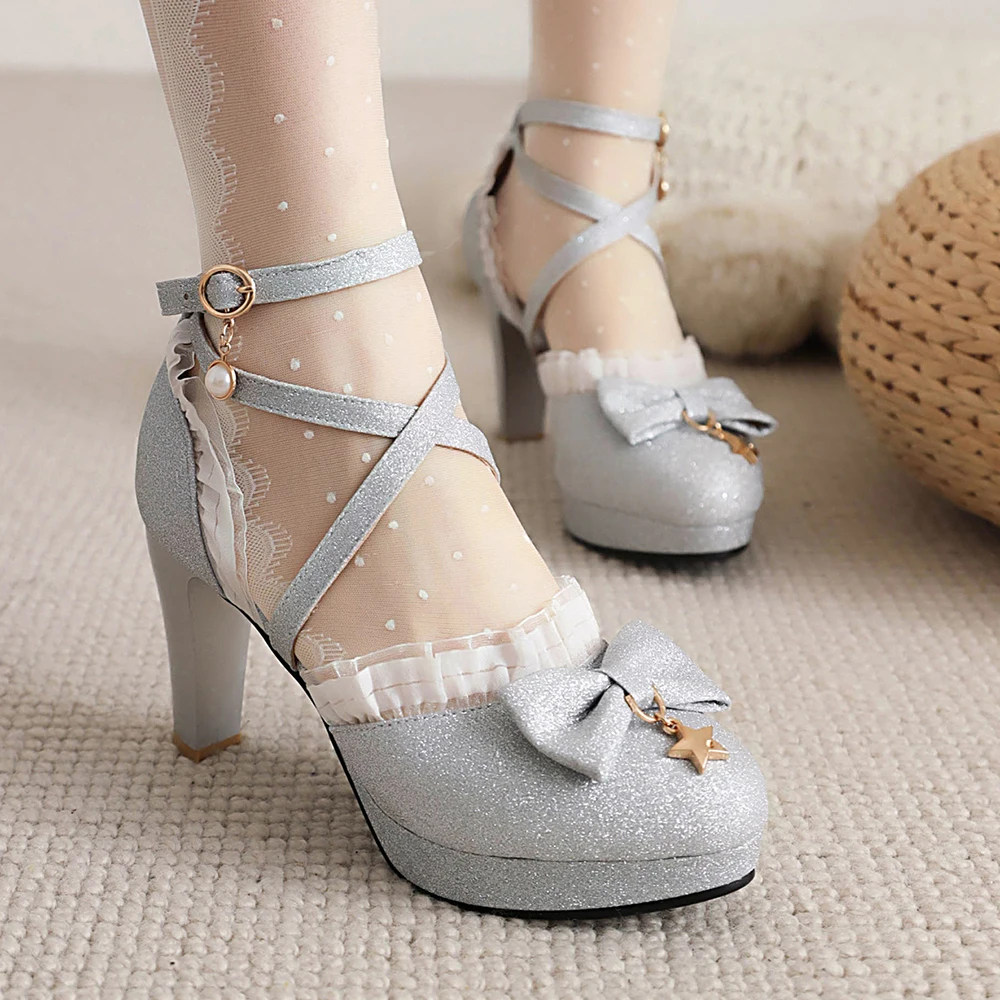 2024 New Super High Heeled Sweet Lolita Gothic Style Cosplay Shoes Girls Lovely Bow Tie Ruffles Women Pumps Lace Cross Strap