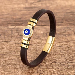 New Evil Eye Bracelet For Women Charm Red Black Blue Color Style Handmade Brown Leather Bangles Trend Female Party Jewelry Gift
