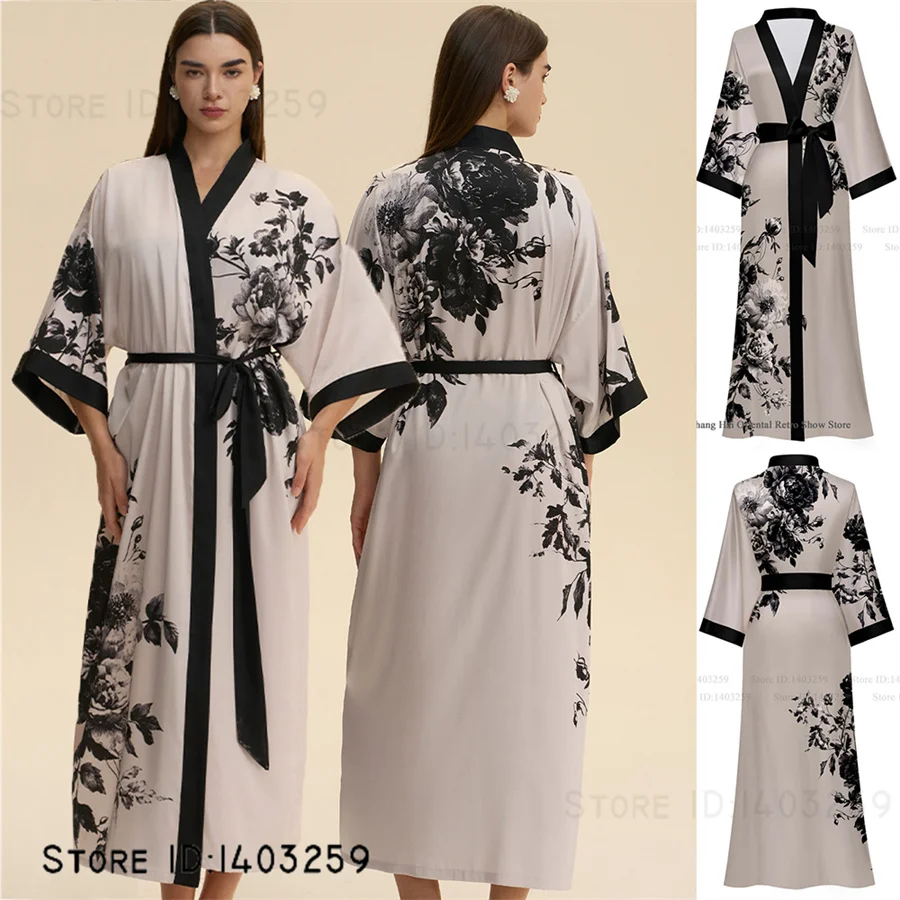 

Женский длинный халат, одежда для сна с цветочным принтом, кимоно с короткими рукавами, халат, домашнее платье, элегантная ночная рубашка из ледяного шелка, домашняя одежда, пижама