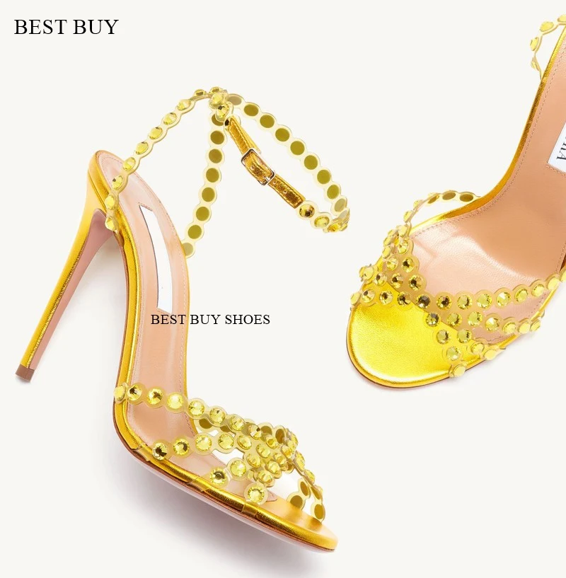 New Summer Women\'s High Heel Sandals Rhinestone Embellished Pvc Roman Sandals Open Toe Stiletto Sexy High Heels Slingback Shoes