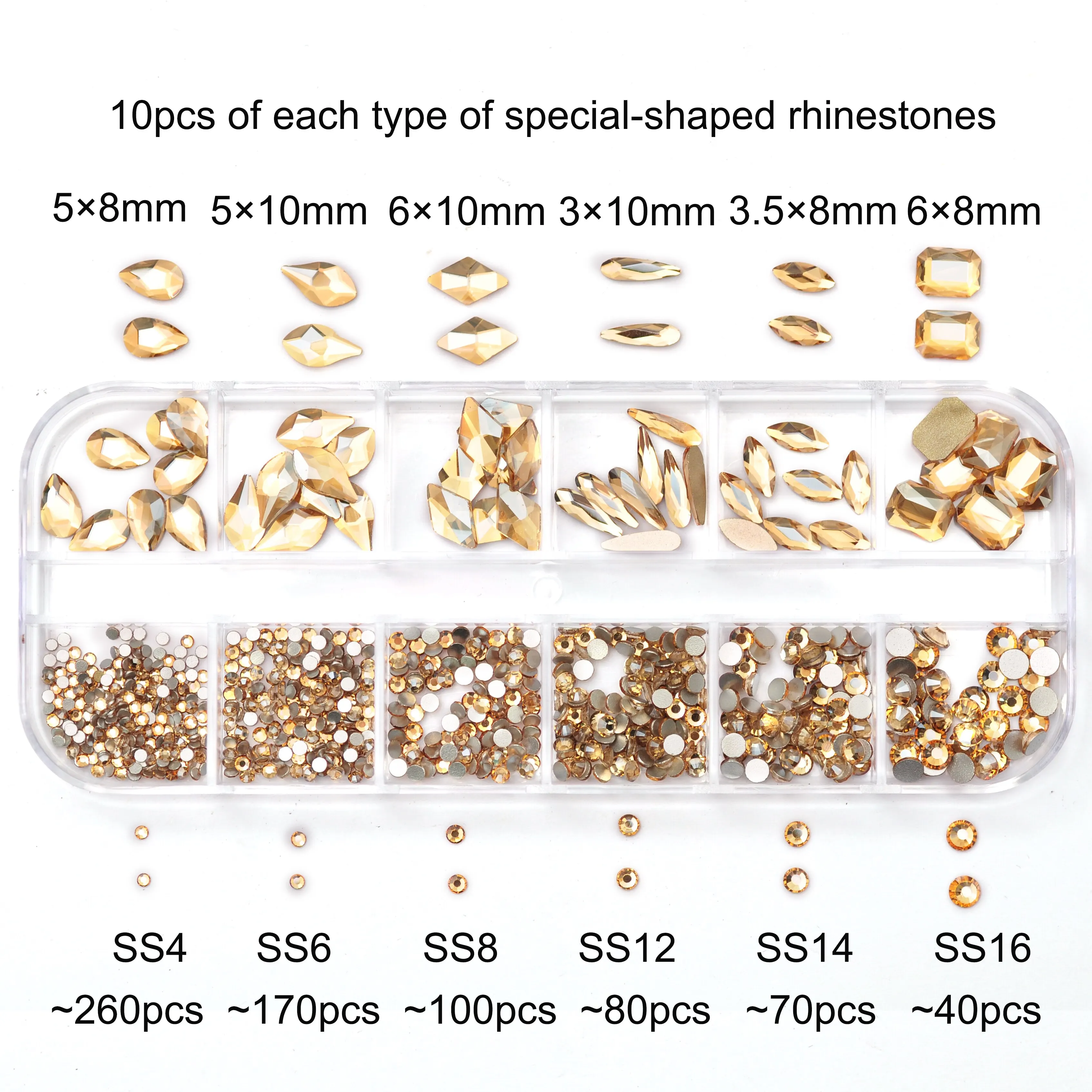 12 Grids Golden Shadow Flatback Rhinestones Glitter Nail Charms Crystal Diamond Nail Art Decoration for Nails Accessories