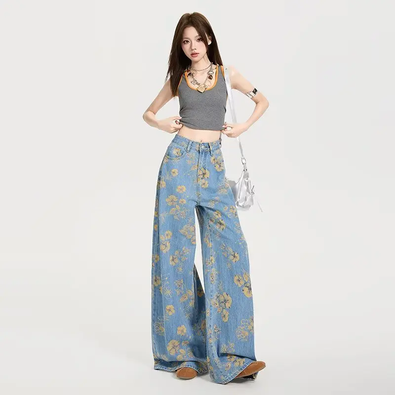 

Y2K Vintage Printed Jeans Women Autumn Loose Casual Wide Leg high Street Pants Fashion New Floral Korean Hip Hop Denim Trousers