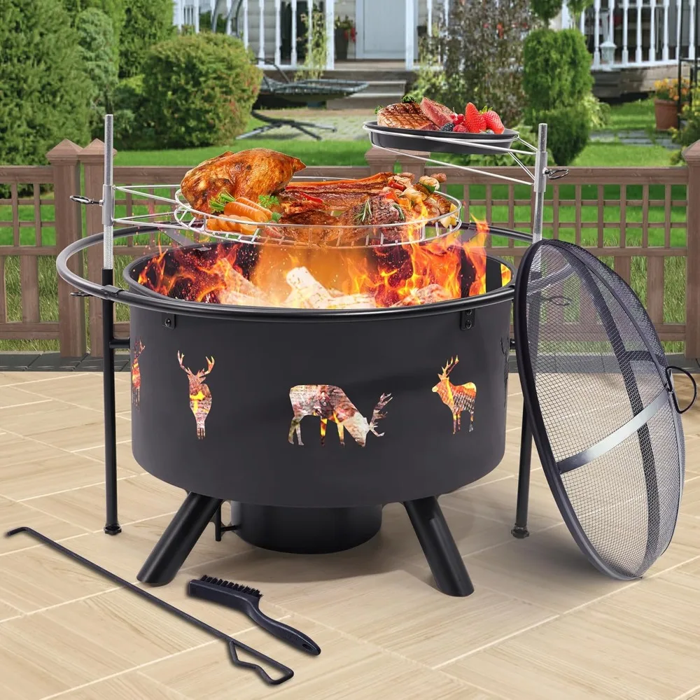 

Large 32 Inch Outdoor Wood Burning Fire Pit with Cooking Grate, Lid, Poker, and Round Design