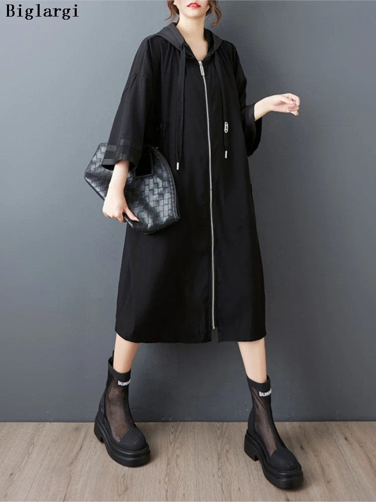 

Oversized Autumn Hooded Midi Coat Women Casual Loose Fashion Ladies Jackets Ruffle Pleated Woman Coats