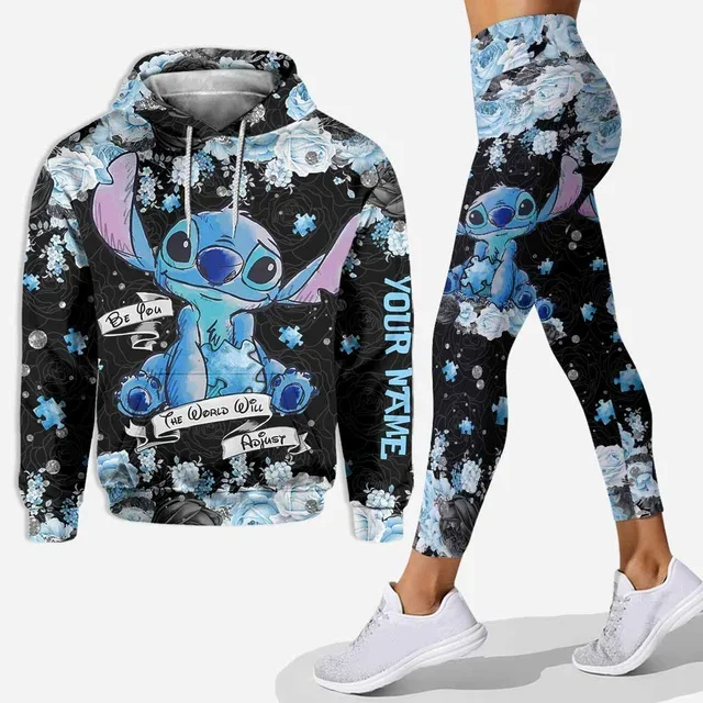 Feminino Disney Stitch 3D Hoodie Leggings, calças de ioga personalizadas, moletom, terno esportivo, moda