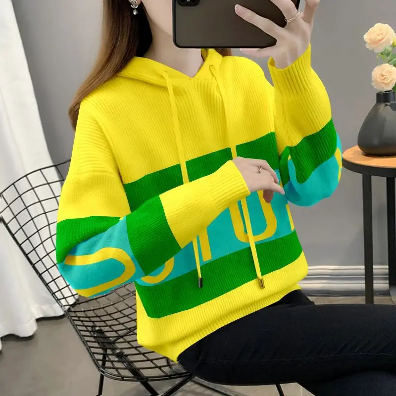 

Fashion Hooded Spliced Letter Casual Sweaters Female Clothing 2023 Autumn Winter New Korean Knitted Pullovers Warm Tops