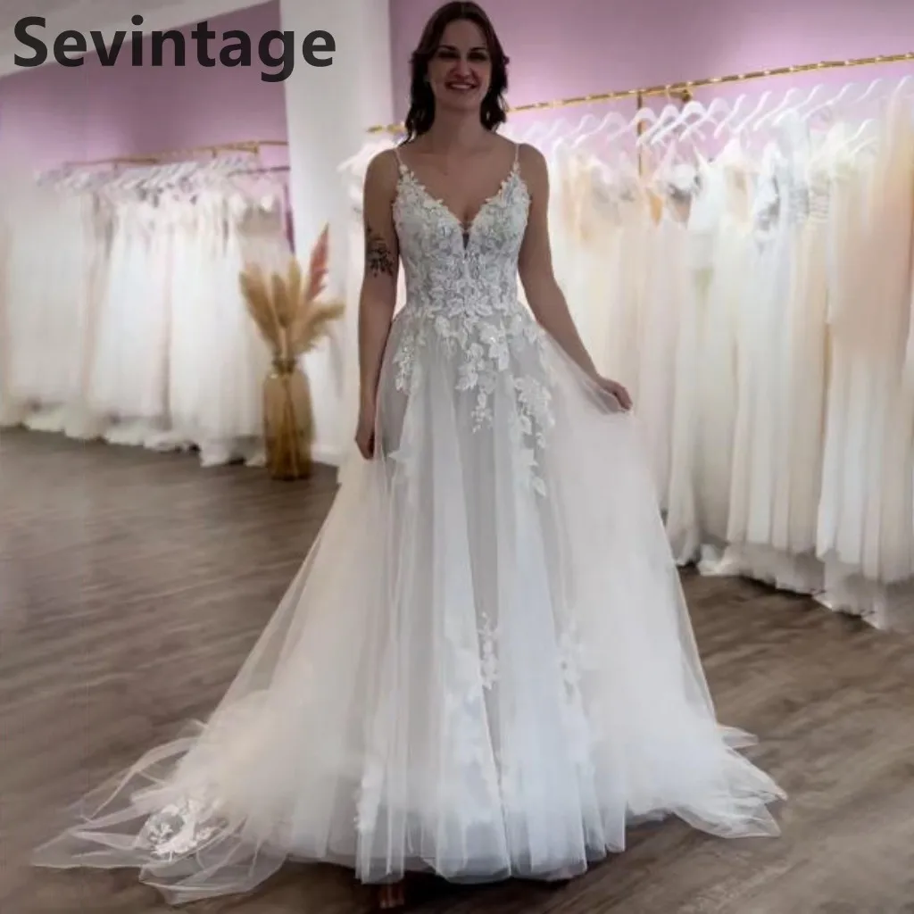 Sevintage 2025 زينة الدانتيل فستان الزفاف السباغيتي Strape تول ألف خط فستان زفاف مخصص رداء دي ماري
