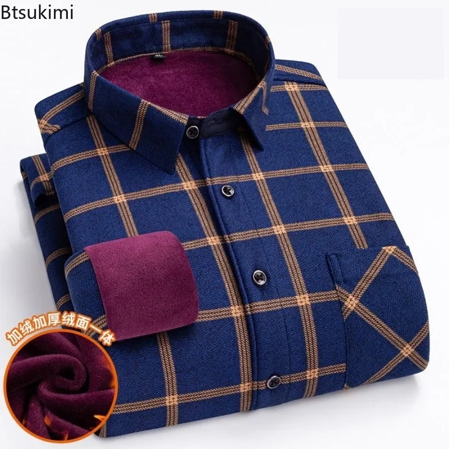 2024 Men's Casual Warm Flannel Shirts Top Autumn Winter Long Sleeve Plaid Shirt Thick Fleece Lined Soft Warm Dress Shirt L-5XL