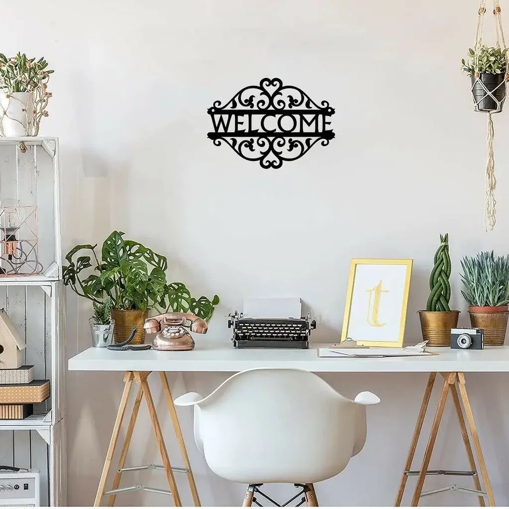 Decorative Curling Vine Metal Art Welcome Sign Metal Ornaments Wall Stickers Home Indoor And Outdoor Decoration, Room Decor