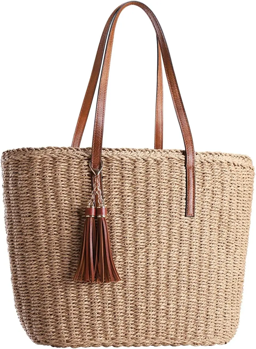 

Woven Straw Tote Bag for Women, Summer Handmade Shoulder Bag, Medium Size Travel Tote
