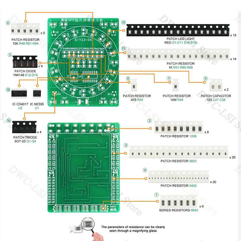 04 Lucky Turntable SMD/SMT Electronic Patch Components DIY Soldering Skill Practice Board Electronic Project Kits LED Lights PCB