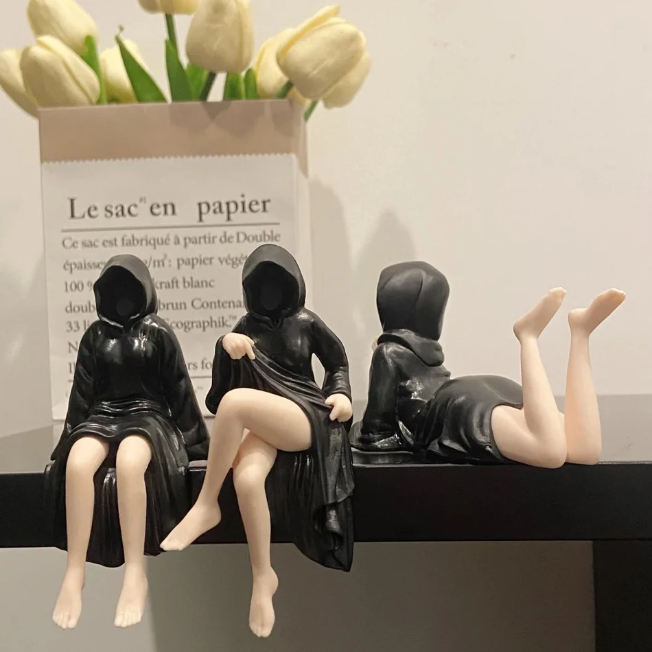 3 個デスクトップ装飾樹脂黒服女性アクションフィギュアモデルオフィス本棚神秘的な像ハロウィン装飾