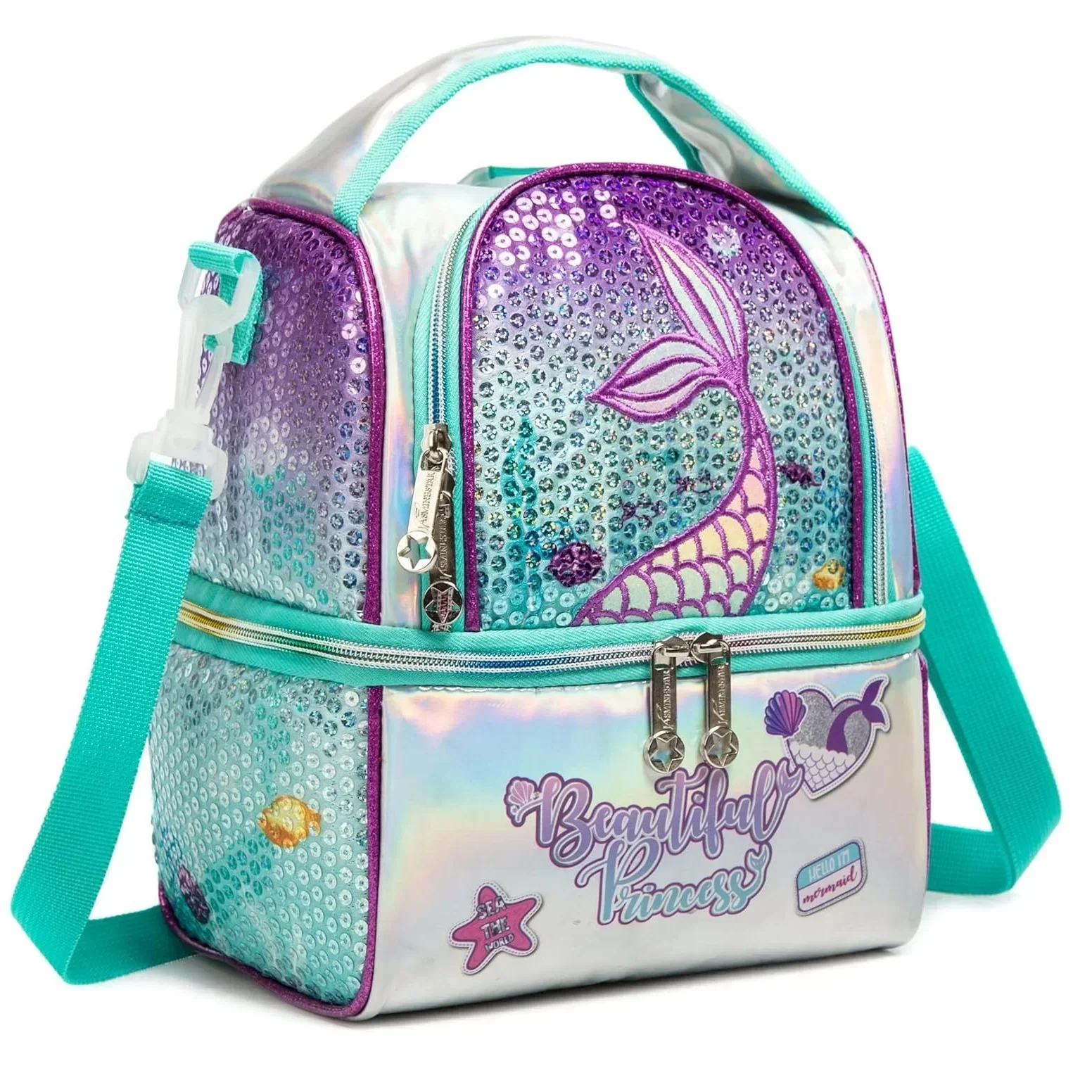 Lunch Box for Kids School Insulated Bag with Adjustable Strap High Capacity Lunchbox School Child Girl Mermaid Sequins Bento Bag