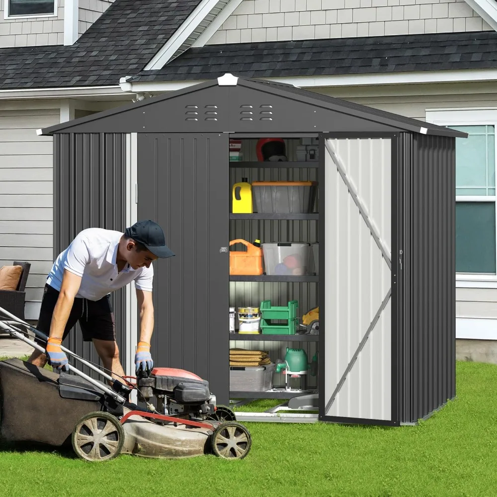 Shed with Double Lockable Doors, Outdoor Storage Clearance for Backyard Patio Lawn-Dark Grey