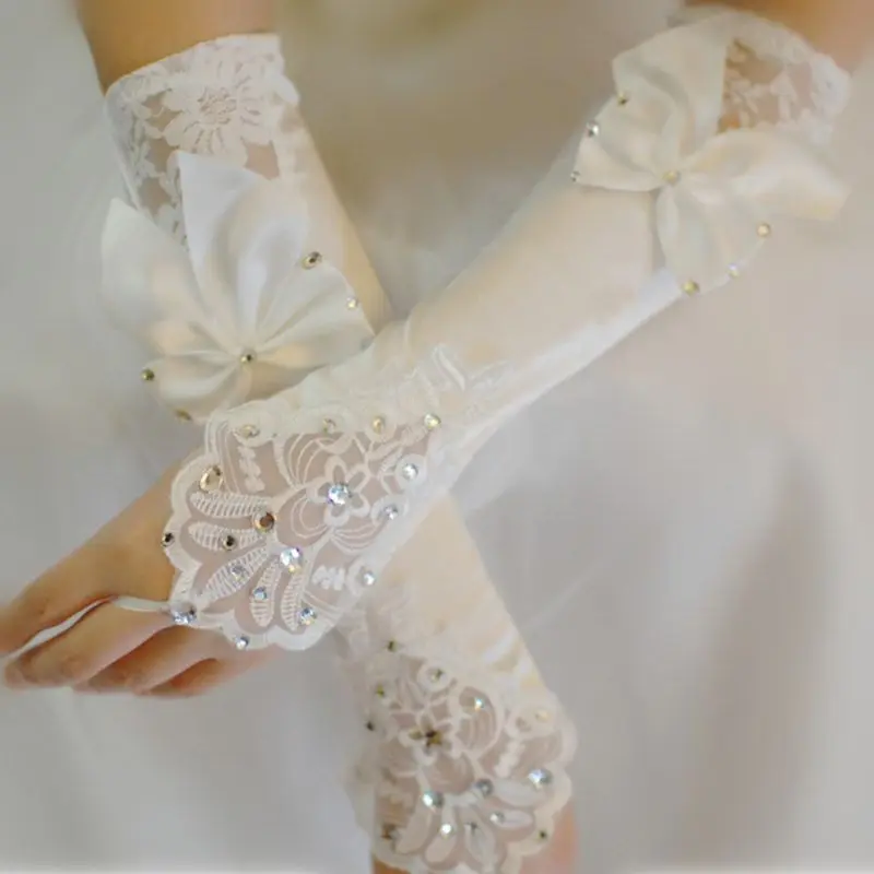 ZB91 Women Bridal Long Gloves Fingerless Floral Lace Patchwork Mittens Glitter Rhines