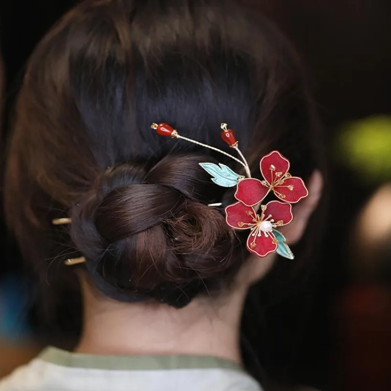 Vermilion U Shape Hair Stick for Xiuhe Bridal Chinese Style Daily Qipao Bun Updo Ancient Inspired Hair Accessory Cultural Gift