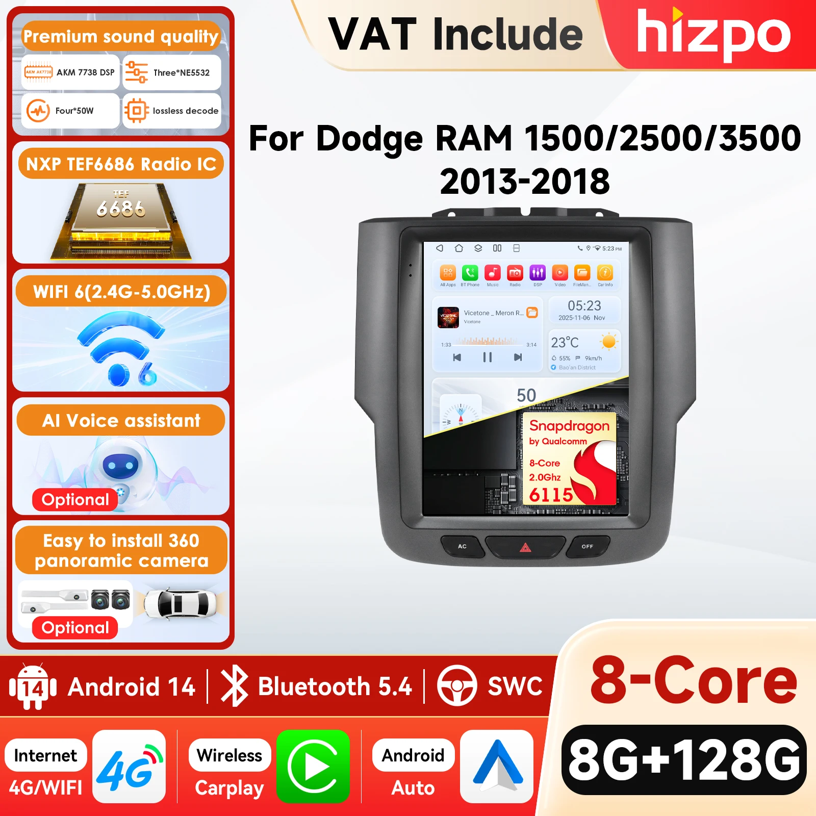 Hizpo 9,7 Zoll Android 14 Autoradio für Dodge RAM 1500 2500 3500 2013-2018 GPS Multimedia-Player Stereo CarPlay 4G Head Unit 360CAM 9,7 Zoll Tesla-Stil Intelligenter Bildschirm QLED Display Automotive