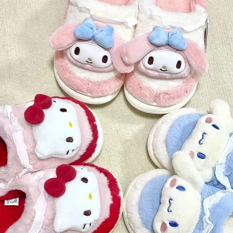 Anime Sanrio Kuromi Plush Slippers Women Hello Kitty Kawaii My Melody Cotton Shoes Flat Winter Keep Warm Cute Student Girl Sweet