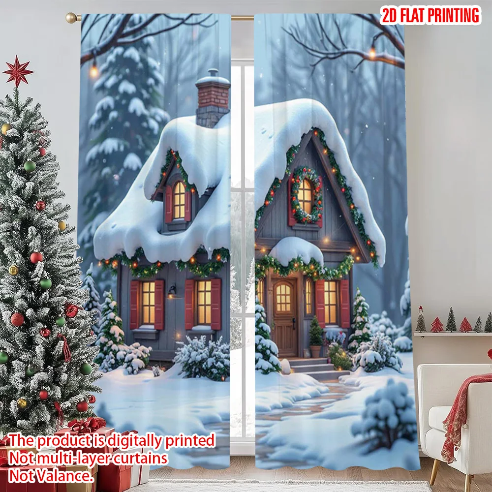 

2pcs 2D flat printing Merry Christmas Popular Party Window Curtains Fantasy winter view snow covered cabin 100% Polyester