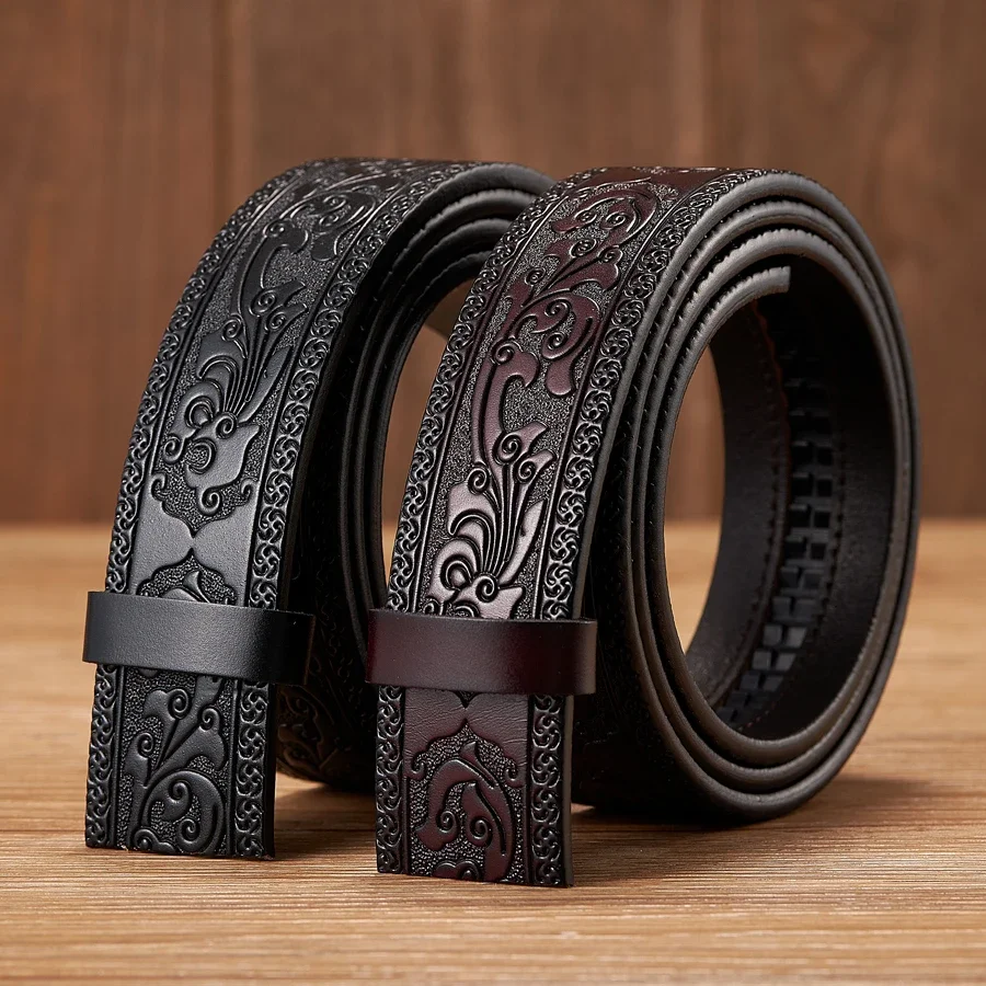 

3.5CM Width No Buckle Cowskin Genuine Leather Belt Quality Automatic Print Wasitbad Strap Bussiness Male Belt Men Without Buckle