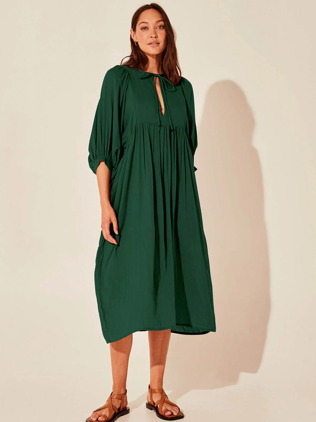 

Summer 2024 Women's Plus Size Loose Long Sleeve Balloon Sleeve Casual Vintage Solid Color Maxi Dress