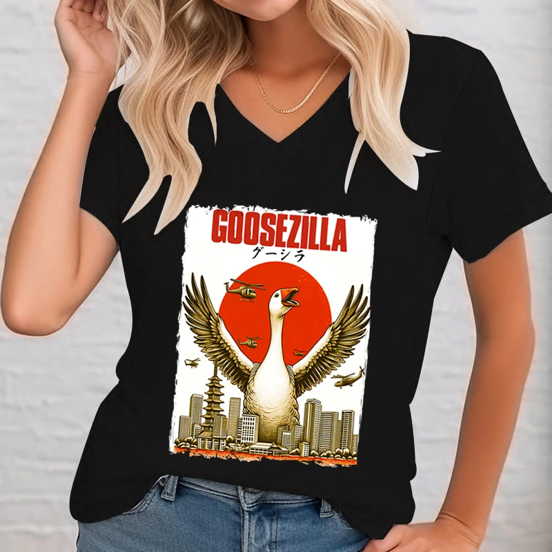 Vintage Funny Goose T-shirt V-neck Women's Clothing  Funny Movie Graphic T Shirts Women Animals Printed Fashion Casual T-shirts