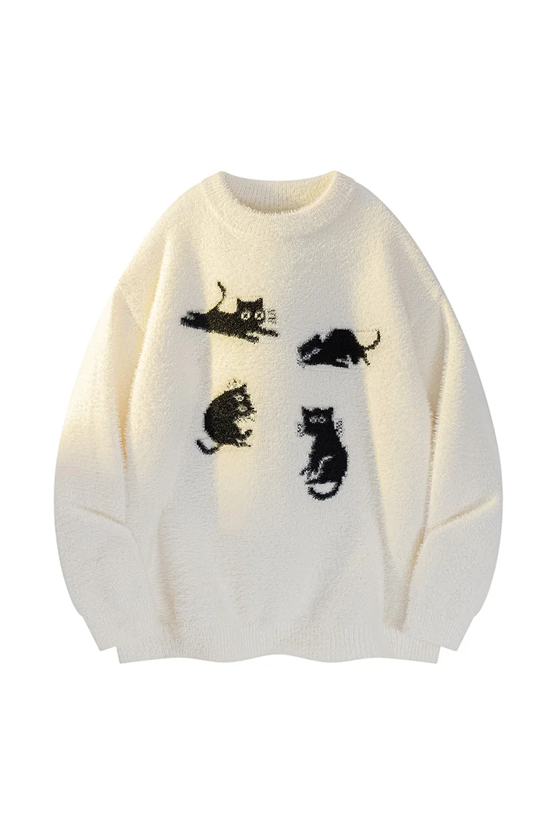 

Жаккардовый мужской свободный плюшевый свитер в стиле ретро Lazy Cat, теплый повседневный вязаный топ, теплый вязаный свитер свободного силуэта