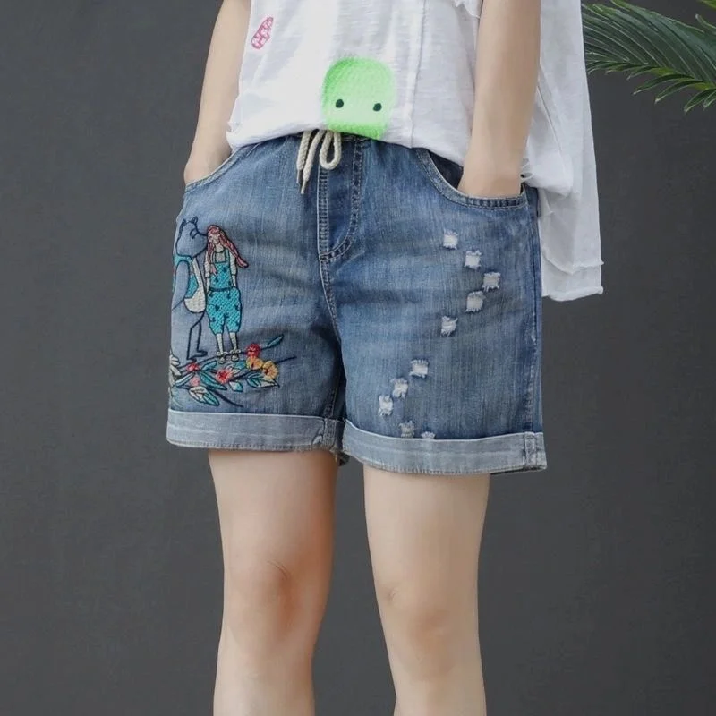 Women\'s Loose Elastic Waist Embroidered Denim Shorts Summer Slim Casual Hole Straight Short Jeans For Women Harajuku Bottom