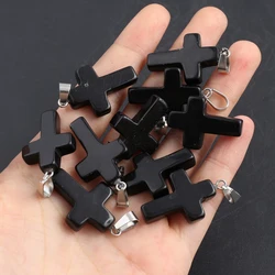 Black Agate Pendant Natural Stone Cross Shape Charms for Jewelry Making DIY Women Necklace Earrings Charms Bulk Items Wholesale