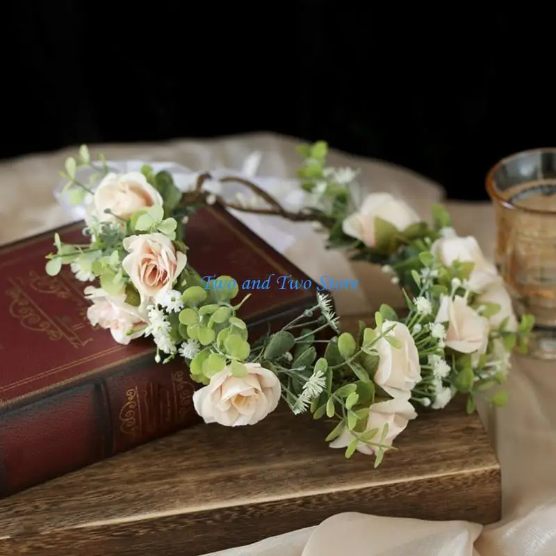 HX6F 花嫁のウェディングヘッドバンドボヘミアンクラウン花輪リアルなフラワーリースかぶと