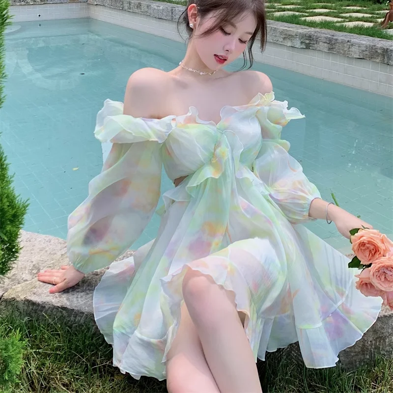 

New Summer Beach Style Women Dress Fairy Chic V Neck Ruffle Edge Halo Dyed Hollow Casual Female Princess Long Sleeve vestido