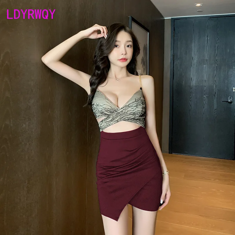 Deep V low-cut sexy lace condole dress temperament splice show belly thin bag hip night club women