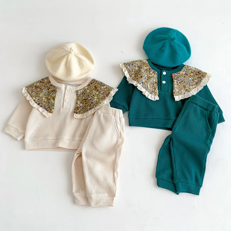 

Korean Baby Cotton Clothing Sets Two-piece Waffle Cotton Kids Boys Girls Clothes Sets Fashion Sweatshirt Tops+ Pants 2pcs