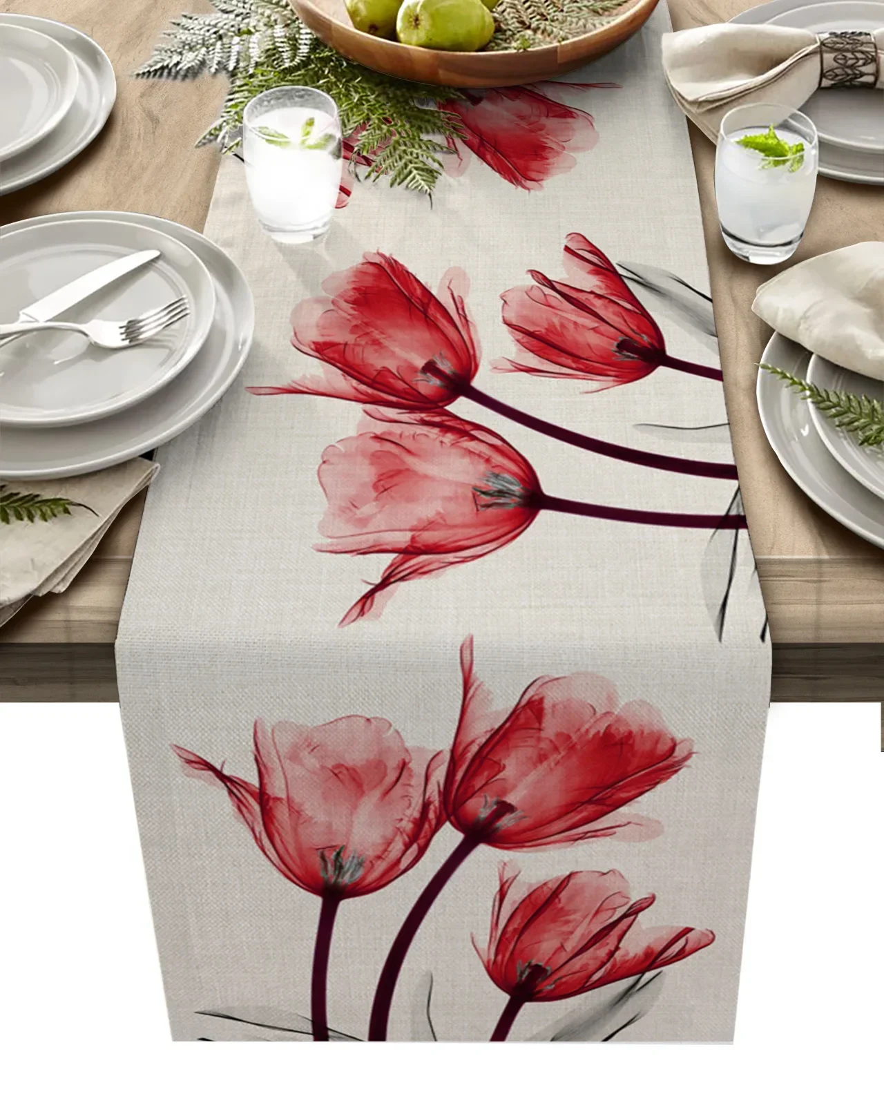 Spring Blue Tulip Flower Linen Table Runner Wedding Decoration Anti-stain   Dining  Holiday Party  Decor