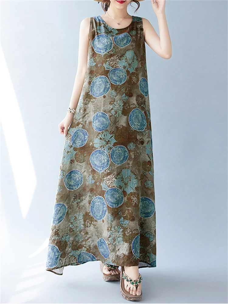 Übergroße Baumwolle Vintage Ärmellose Druck Kleider Für Frauen 2025, Sommer Casual Lose Lange Elegante Kleid Femme Robe Boho Kleidung