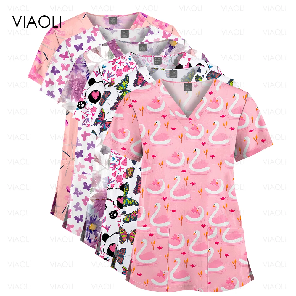 Women Printing Working Uniform Pink Swan Print Surgical Uniform Pocket V-neck Tops Femme Blouse Nurse Work Wear Medical Uniforms