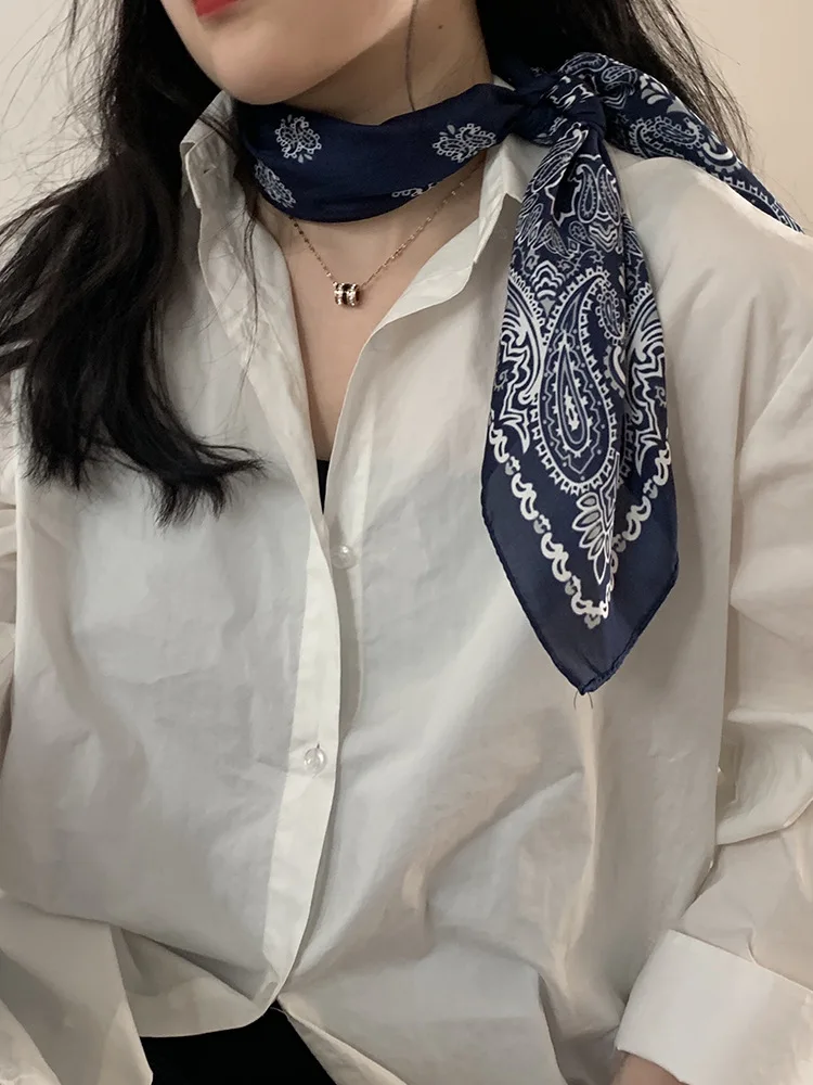 Vintage Blue Silk Square Scarf Women Satin Shawl Wrap Hijab Female Hair Band Wrist Luxury Headkerchief 70*70cm Echarpe Bandana