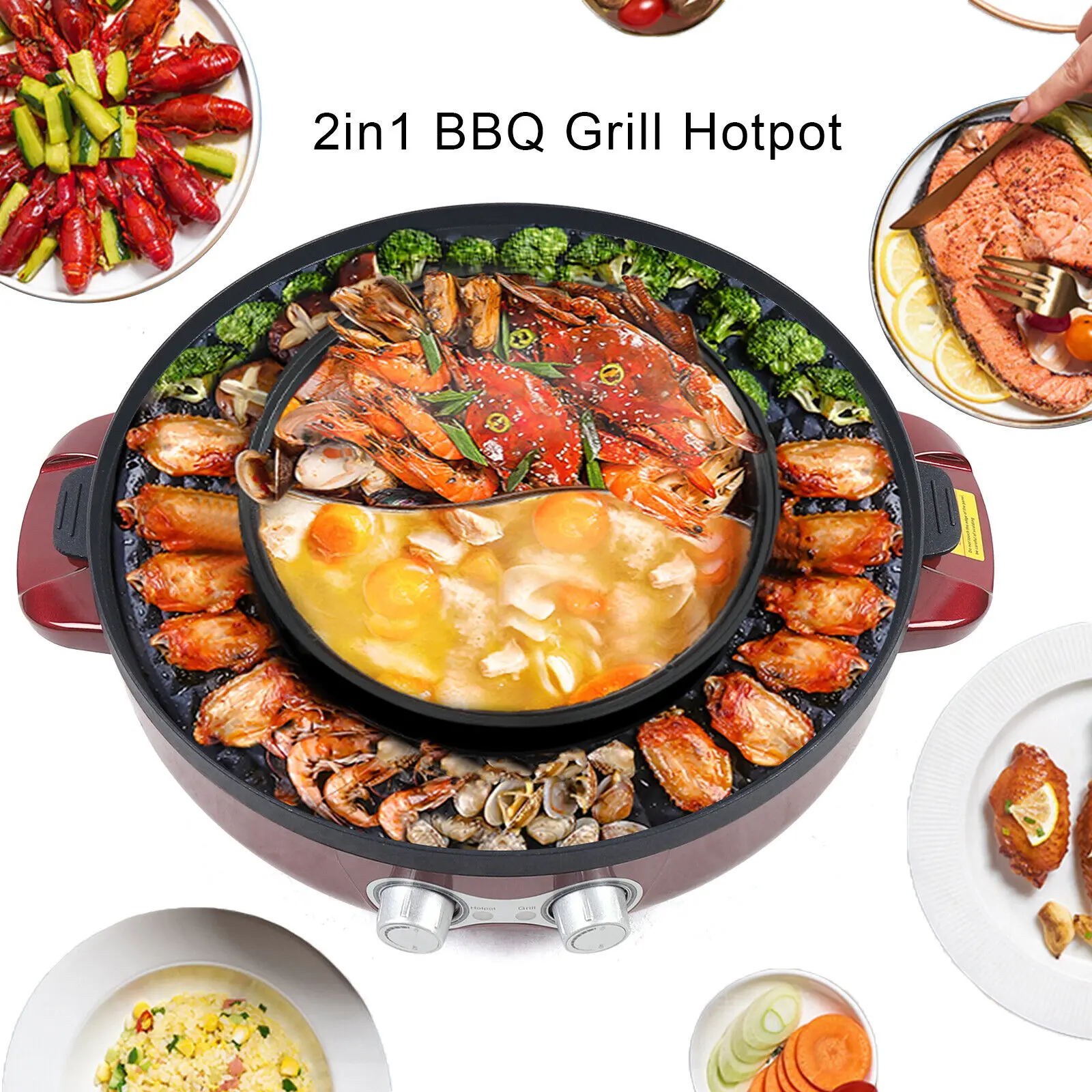 2 in 1 2200W Electric Smokeless Grill and Hot Pot BBQ Grill Soup Shabu Pot USA