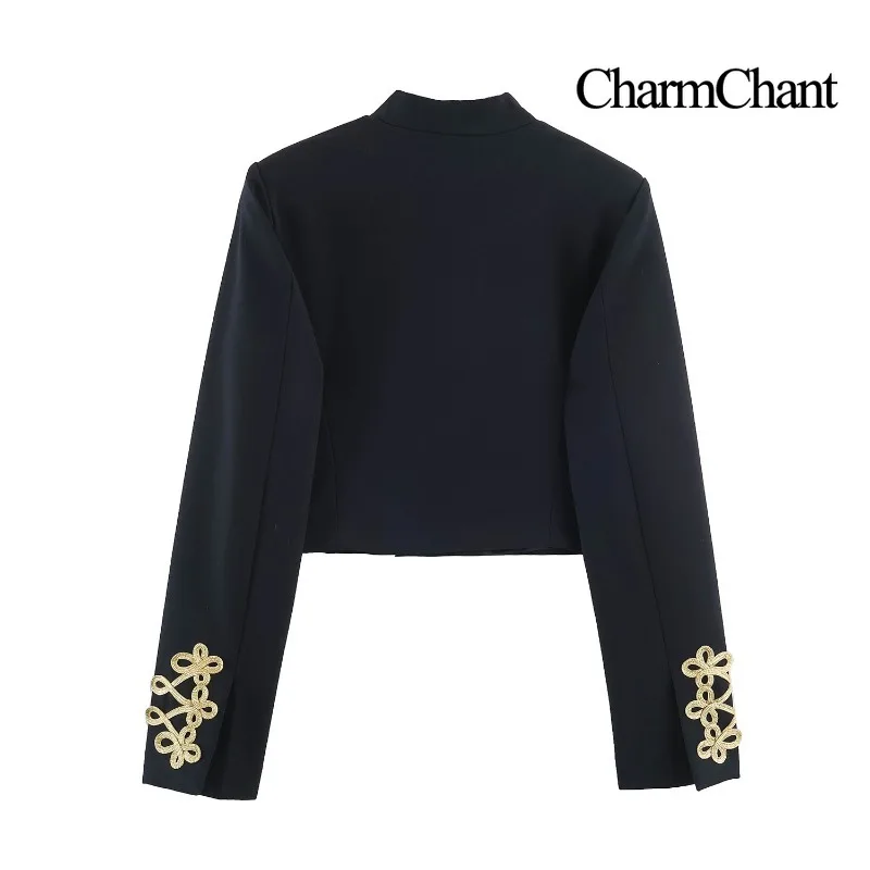CHARMCHANT Women's Mandarin Collar Gold Embroidery Trim Cropped Jacket Blazer Outerwear For Party Date Urban Street Fall 2026