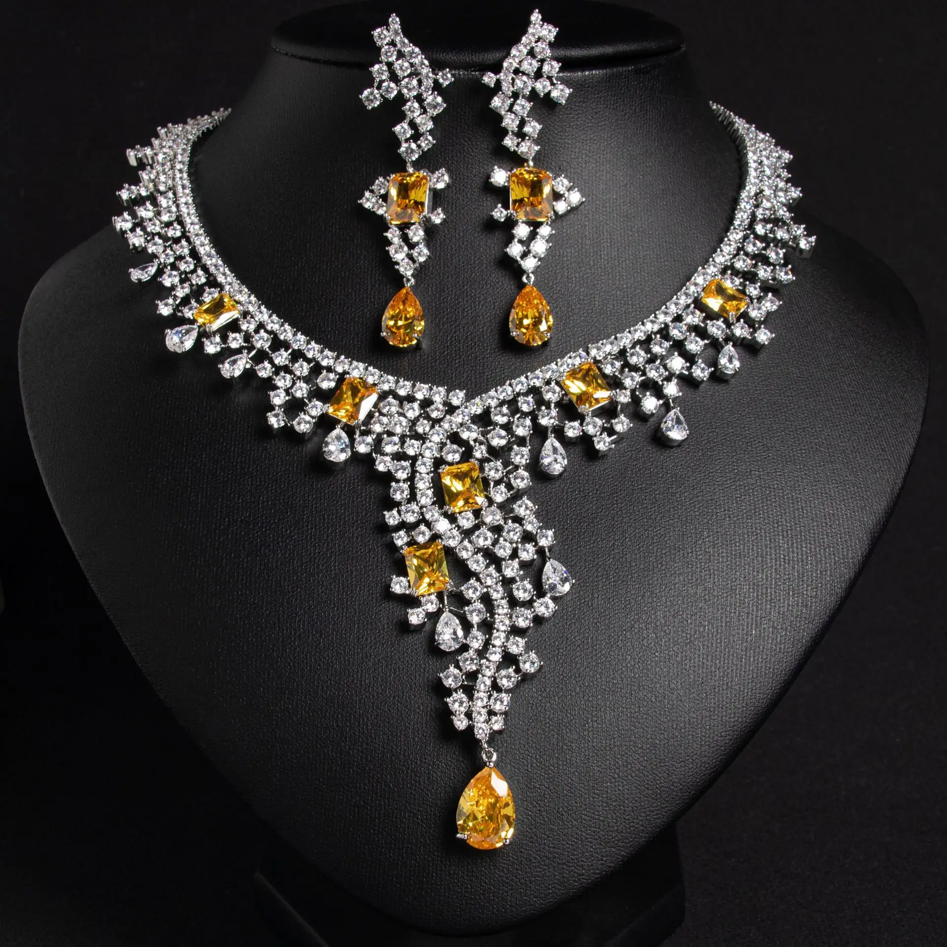 

5 Colors Luxury Women's Jewelry Elegant Style Bridal Tassel Zircon Necklace Earrings Set Bridal Large Wedding Jewelry Set