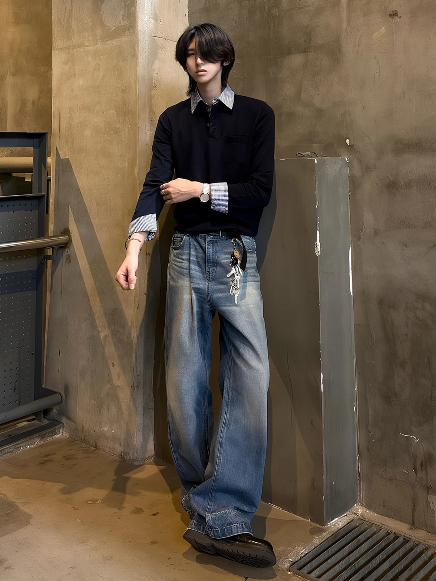 

American Sle Retro Blue Must Water Waed Loose Fit Straight Leg Jeans for Men Autumn Cleanfit Trousers Long Pants