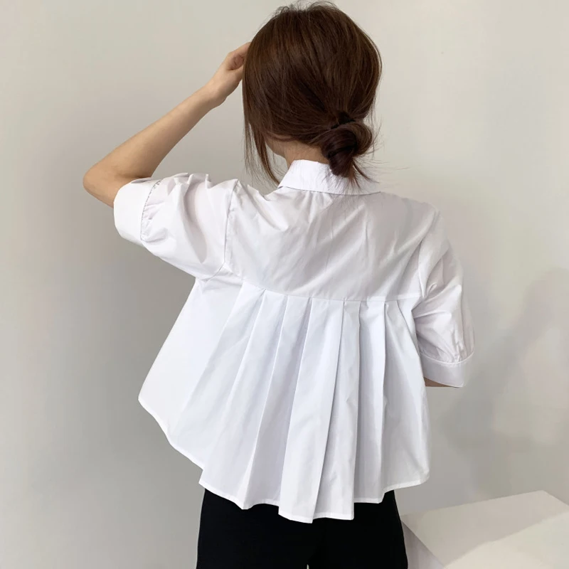 

Korean Sle Bubble ort Sve irt Women's Summer Faion Agel Design Pleated ort Length Top Pure Color Commute Sle