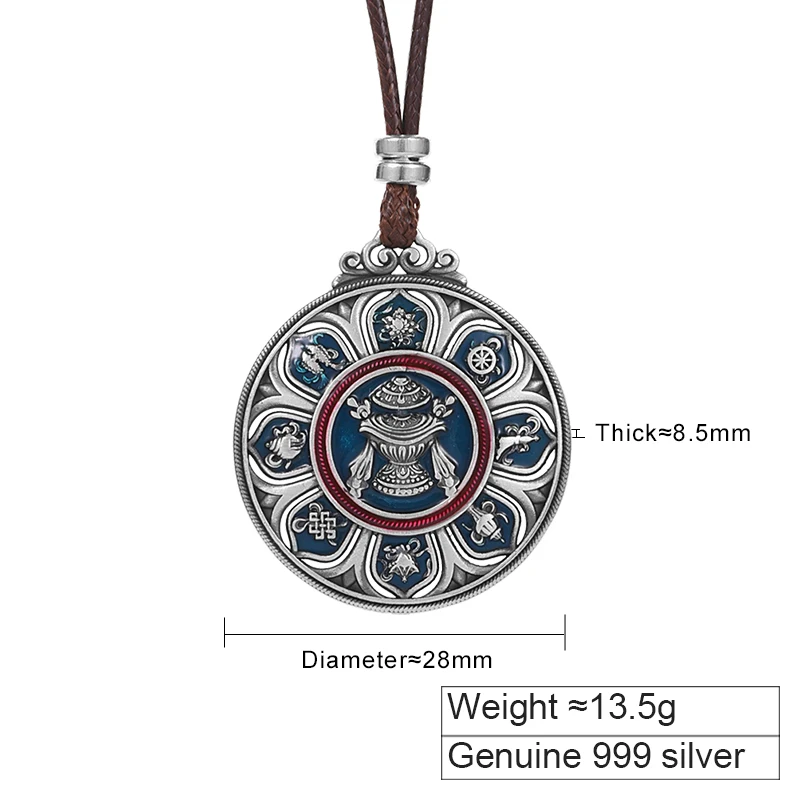 ZABRA 999 Pure Silver Auspicious Eight Treasure Compass Pendant for Men, Tibetan Enamel Necklace Pendant