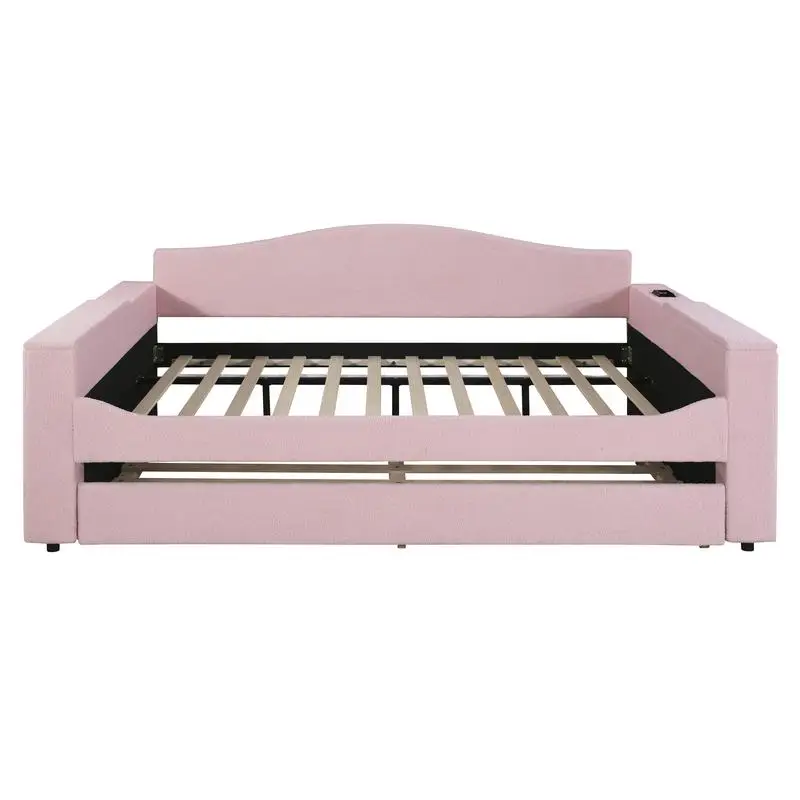 سرير نهاري منجد بالحجم الكامل مع مساند للذراعين للتخزين ونظام صوت بلوتوث وصوف تيدي باللون الوردي #5