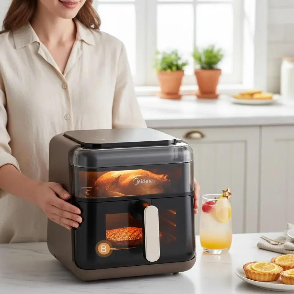 Midea air fryer, household use, with dual upper and lower heating elements, combines steaming, baking, and frying functions.