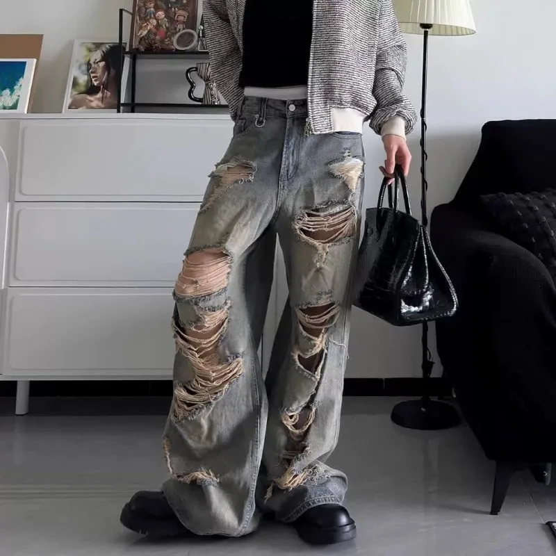 Men's Jeans Relaxed Fit Distressed Ripped Denim Pants Streetwear Summer Man Pants Washed Vintage Wide Leg Holes