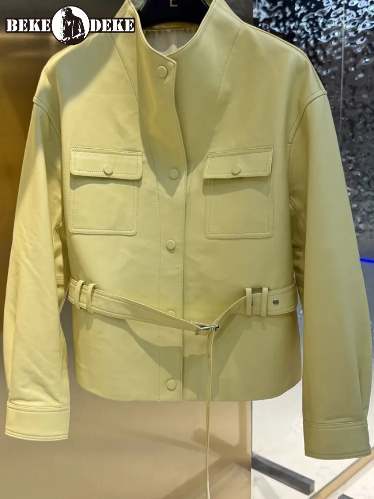 Leisure Ladies Single-Breasted Pocket Genuine Leather Jackets Solid Color Stand Collar Long Sleeves Belt Sheepskin Outwear