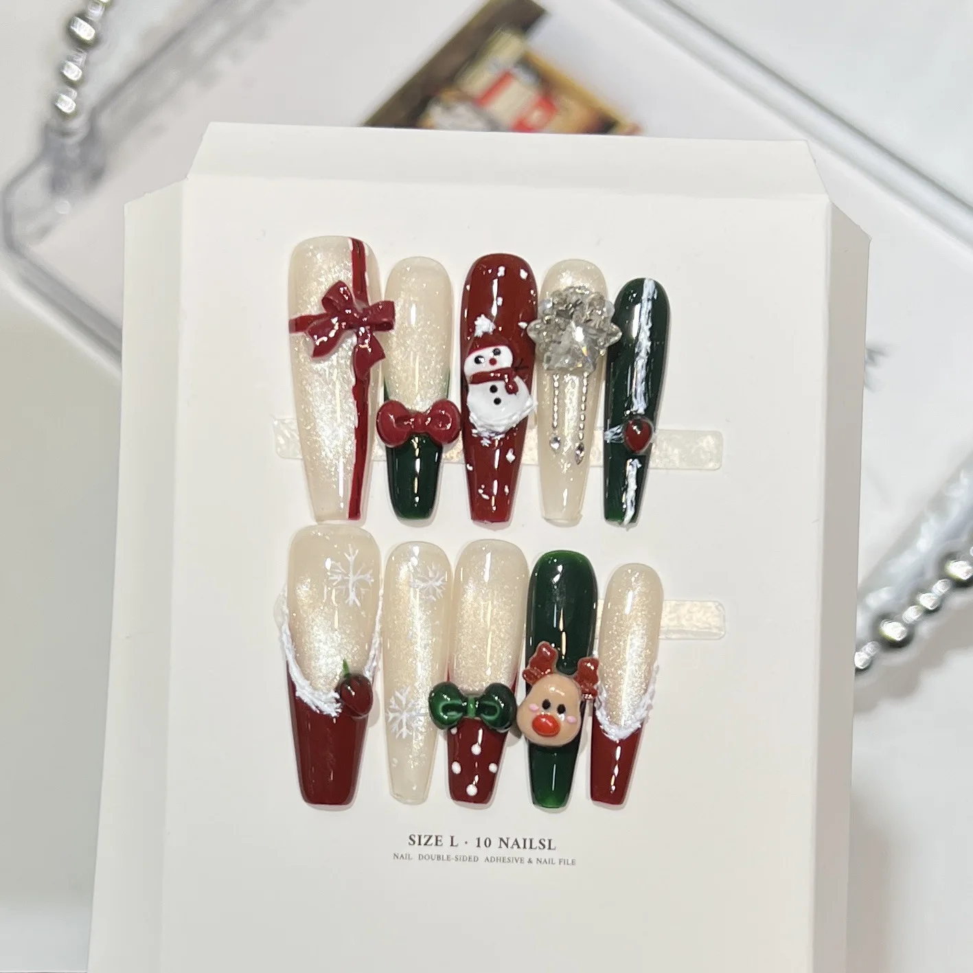 10 Uds. De uñas postizas hechas a mano con punta francesa en forma de T con lazo 3D, brillo de diamantes de imitación, Kit de manicura DIY para mujeres y niñas