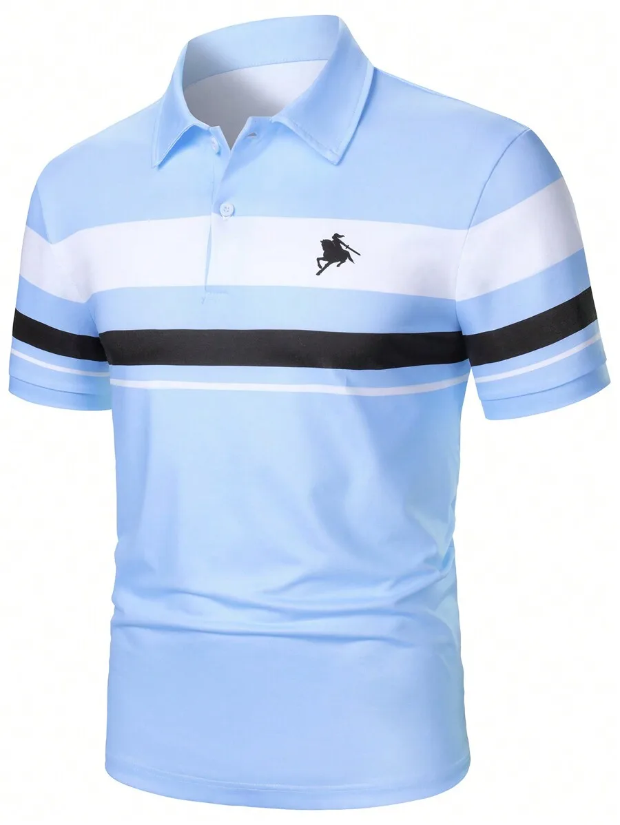

Men's Striped Casual Polo Shirt with Horse Silhouette Embroidery, Light Blue